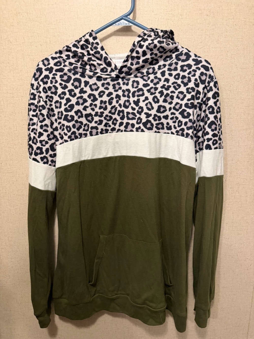 Olive Green and Leopard Print Pullover Hoodie